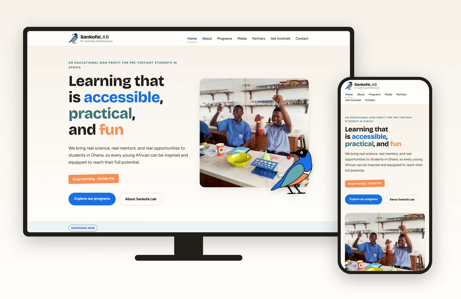 The sankofalab.org homepage displayed on a desktop monitor and a phone side by side