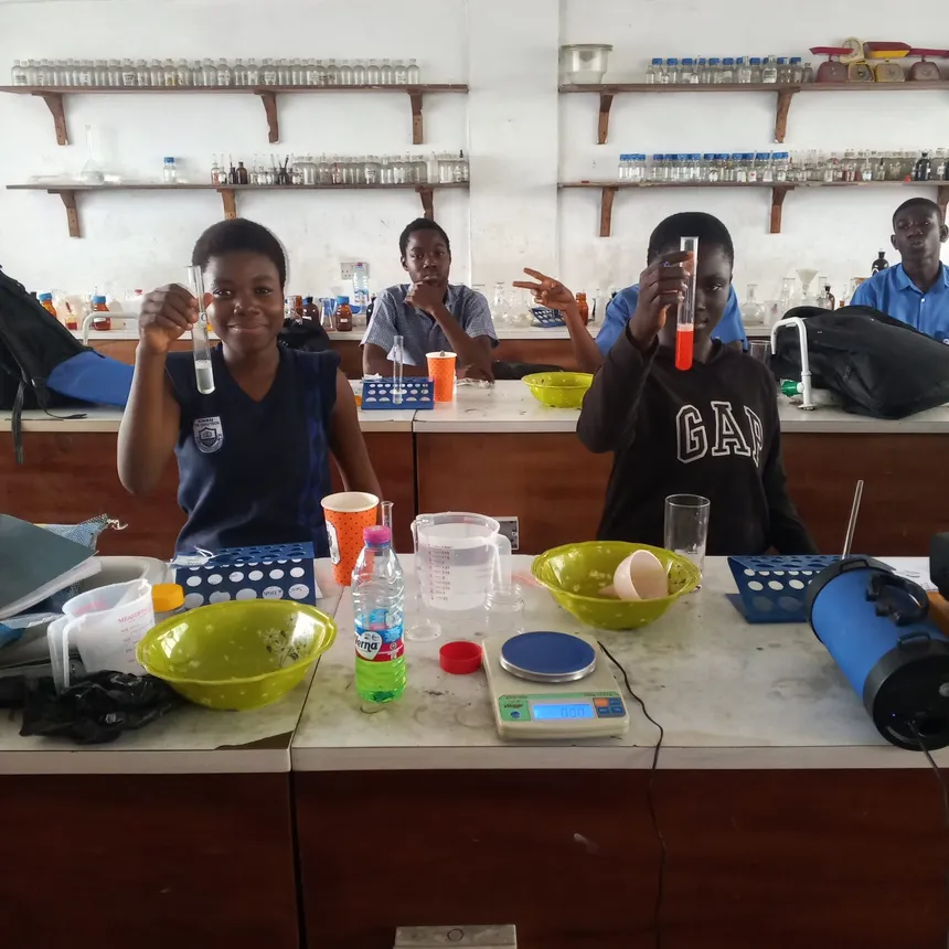 Sankofa STEM fellows at laboratory benches during the 2025 fellowship in Accra